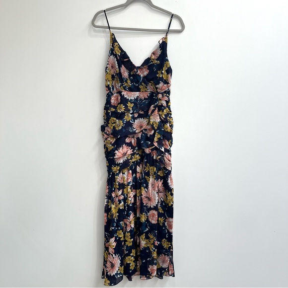 Lulus Stunning Soiree Navy Blue Floral Print Ruched Midi Dress Ruffles Medium - Picture 5 of 16